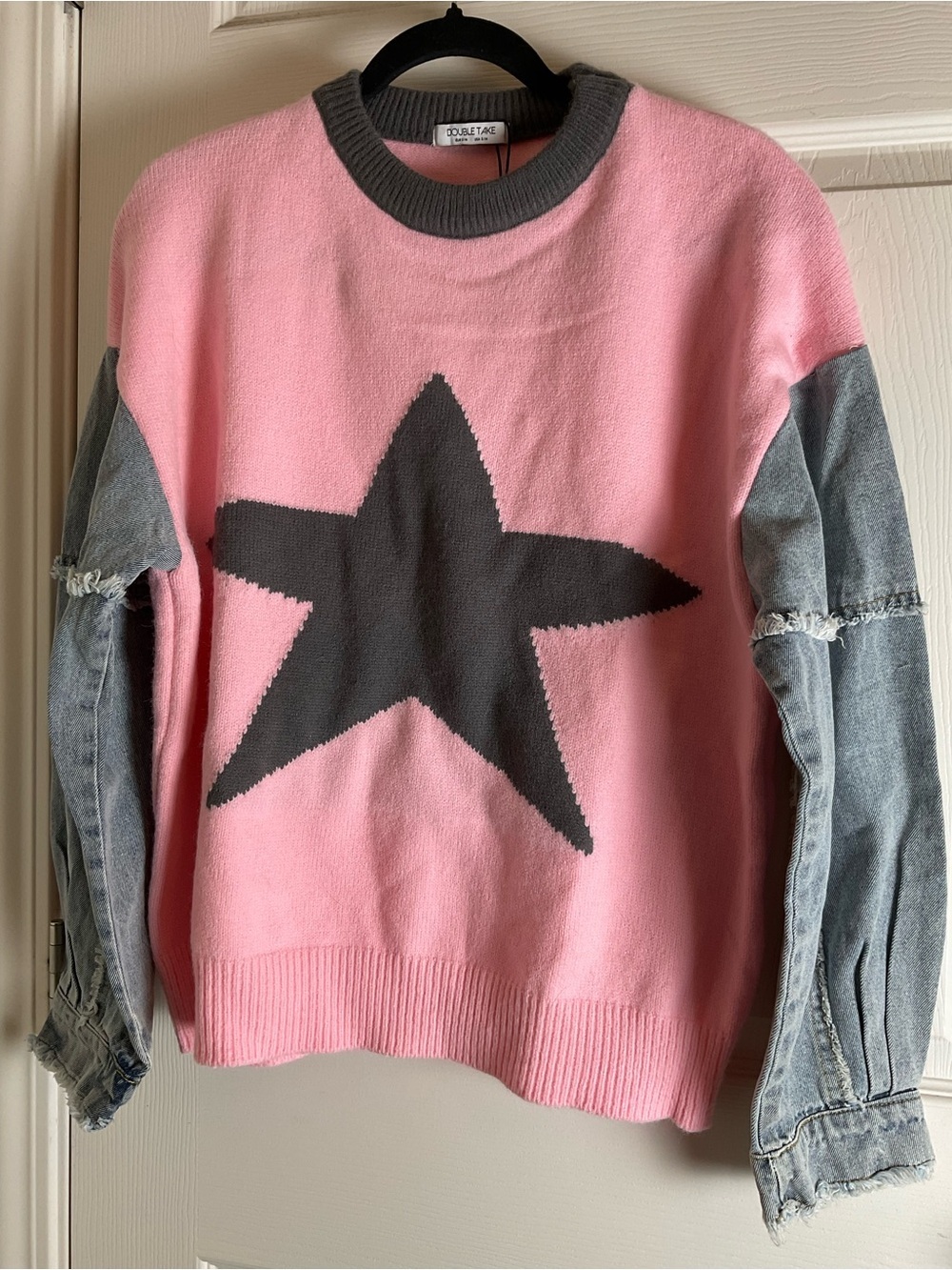 Double Take Star Knit Denim Sleeve Sweater Pink Grey S/M New - Picture 4 of 9